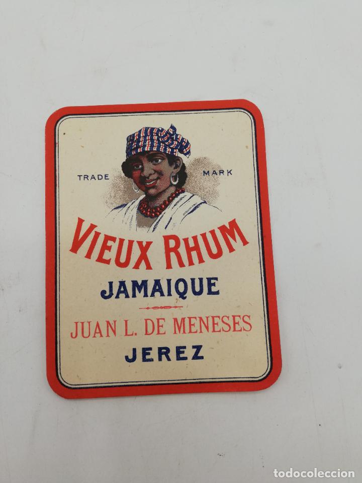 Old Labels: ETIQUETA. VIEUX RHUM. JAMAIQUE. JUAN L. DE MENESES. JEREZ. MED : 12 X 9.5 CM APROX.