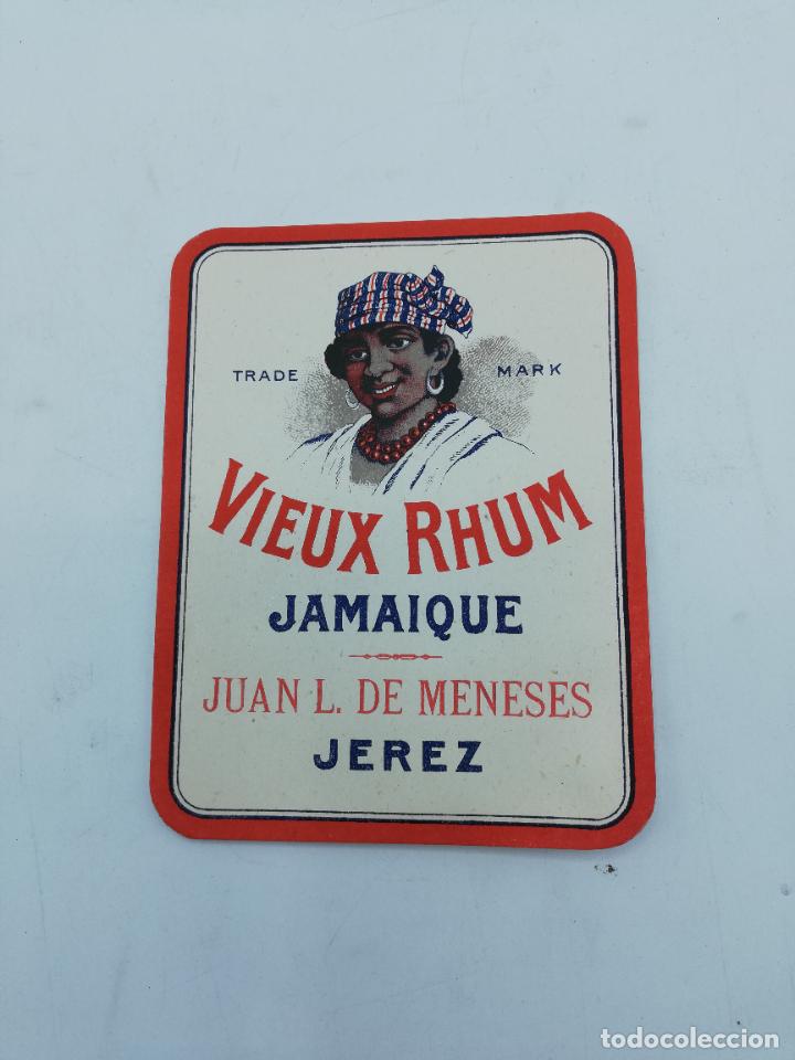 Old Labels: ETIQUETA. VIEUX RHUM. JAMAIQUE. JUAN L. DE MENESES. JEREZ. MED : 12 X 9.5 CM APROX.