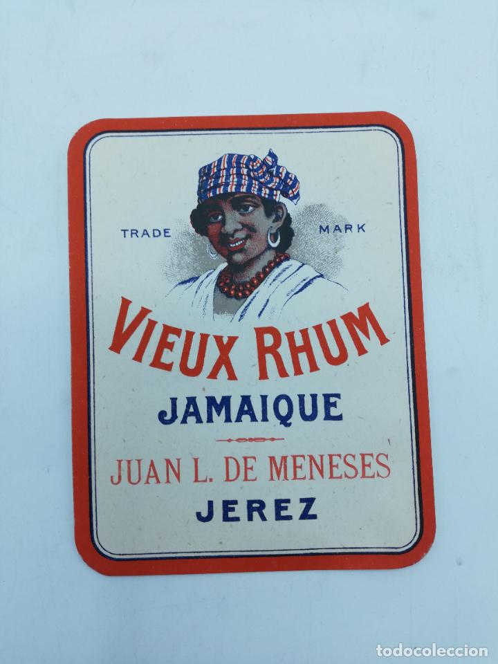Old Labels: ETIQUETA. VIEUX RHUM. JAMAIQUE. JUAN L. DE MENESES. JEREZ. MED : 12 X 9.5 CM APROX.