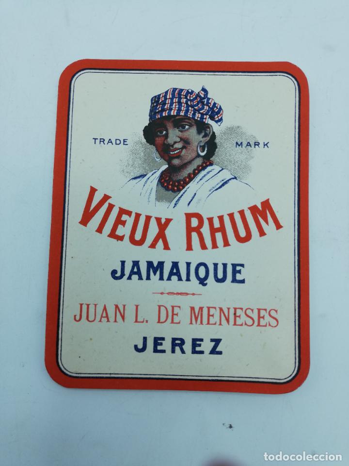 Old Labels: ETIQUETA. VIEUX RHUM. JAMAIQUE. JUAN L. DE MENESES. JEREZ. MED : 12 X 9.5 CM APROX.