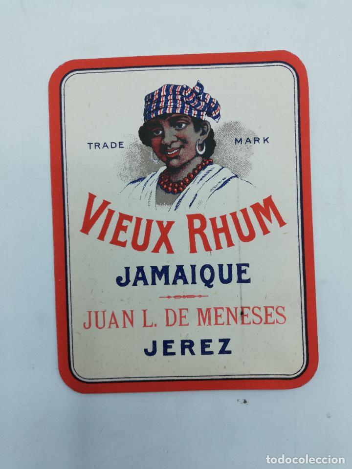 Old Labels: ETIQUETA. VIEUX RHUM. JAMAIQUE. JUAN L. DE MENESES. JEREZ. MED : 12 X 9.5 CM APROX.