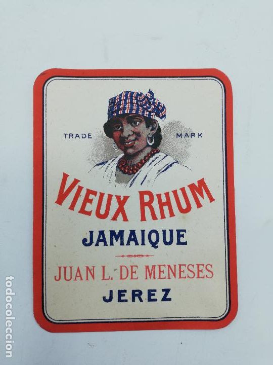Old Labels: ETIQUETA. VIEUX RHUM. JAMAIQUE. JUAN L. DE MENESES. JEREZ. MED : 12 X 9.5 CM APROX.