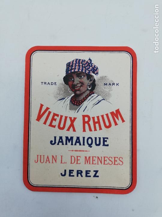 Old Labels: ETIQUETA. VIEUX RHUM. JAMAIQUE. JUAN L. DE MENESES. JEREZ. MED : 12 X 9.5 CM APROX.