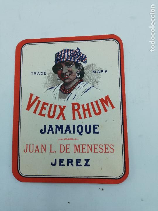 Old Labels: ETIQUETA. VIEUX RHUM. JAMAIQUE. JUAN L. DE MENESES. JEREZ. MED : 12 X 9.5 CM APROX.