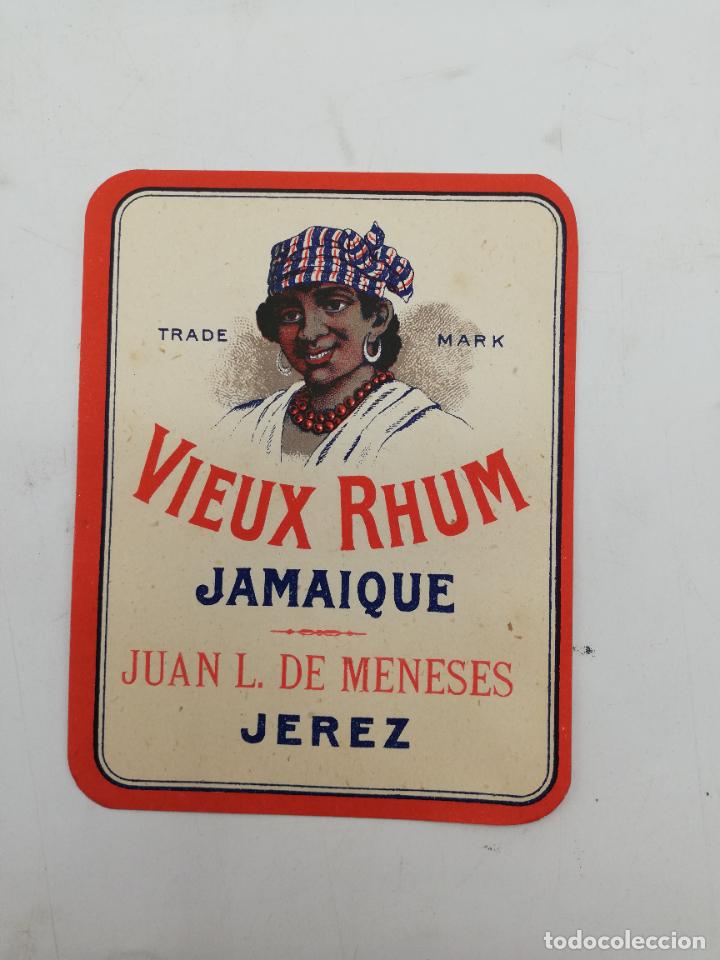 Old Labels: ETIQUETA. VIEUX RHUM. JAMAIQUE. JUAN L. DE MENESES. JEREZ. MED : 12 X 9.5 CM APROX.