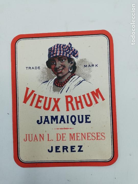 Old Labels: ETIQUETA. VIEUX RHUM. JAMAIQUE. JUAN L. DE MENESES. JEREZ. MED : 12 X 9.5 CM APROX.