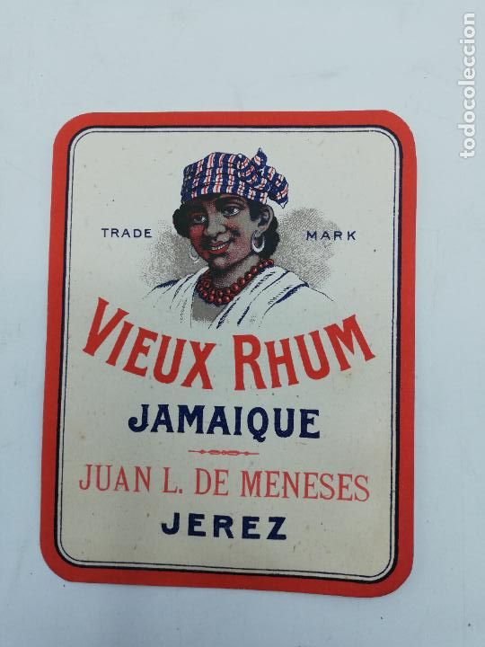 Old Labels: ETIQUETA. VIEUX RHUM. JAMAIQUE. JUAN L. DE MENESES. JEREZ. MED : 12 X 9.5 CM APROX.