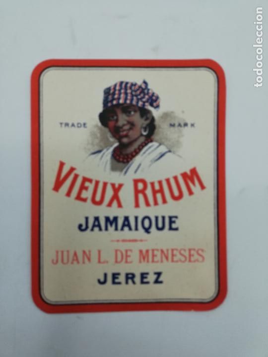 Old Labels: ETIQUETA. VIEUX RHUM. JAMAIQUE. JUAN L. DE MENESES. JEREZ. MED : 12 X 9.5 CM APROX.