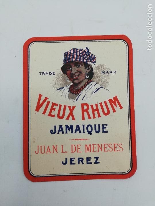 Old Labels: ETIQUETA. VIEUX RHUM. JAMAIQUE. JUAN L. DE MENESES. JEREZ. MED : 12 X 9.5 CM APROX.