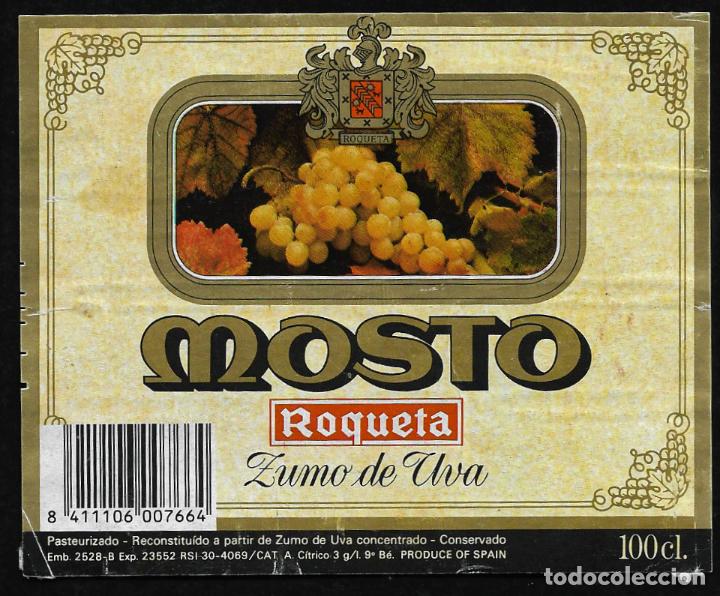 Etiquetas antiguas: ETIQUETA VINO - MOSTO - ROQUETA - ZUMO DE UVA- TAMA&Ntilde;O 1050 X 9.50 CM