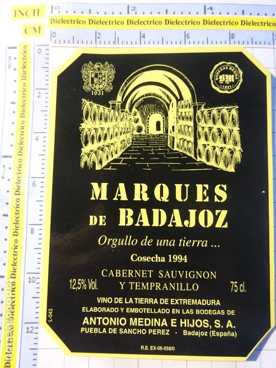 Etichette antiche: ETIQUETA DE BEBIDAS. VINO LICORES. MARQU&Eacute;S DE BADAJOZ 1994. 980