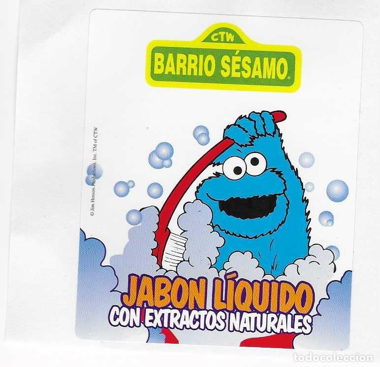 Etiquetas antiguas: ETIQUETA DE MARCAS.-BARRIO SESAMO- CTW,- JABON LIQUIDO-PEGADAS SOBRE PAPEL