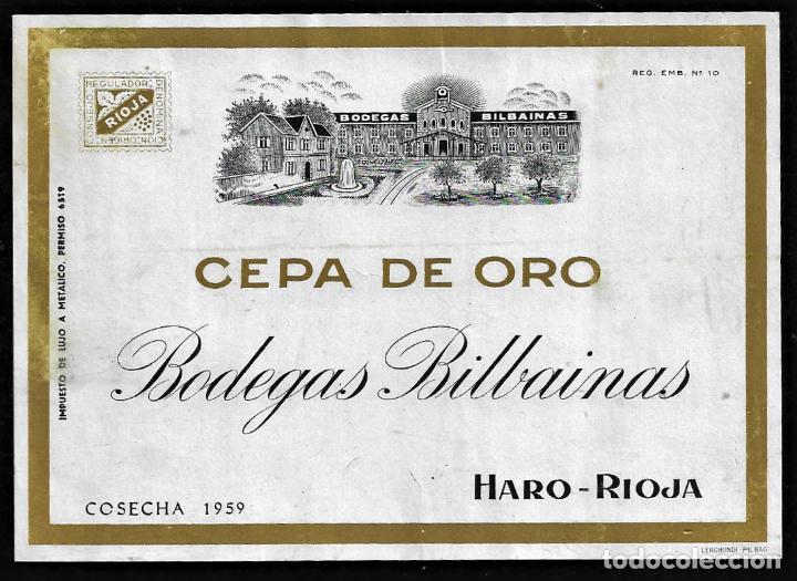 Etiquetas antiguas: ETIQUETA VINO - CEPA DE ORO - BODEGAS BILBAINAS - HARO- RIOJA- TAMA&Ntilde;O 12.50 X 9. CM