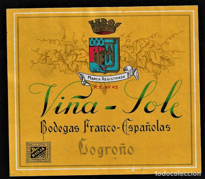 Etiquetas antiguas: ETIQUETA VINO - VI&Ntilde;A-SOL - BODEGAS FRANCO-ESPA&Ntilde;OLAS-LOGRO&Ntilde;O- TAMA&Ntilde;O 10.50 X 9 CM