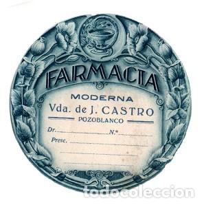Etiquetas antigas: ETIQUETA FARMACIA VDA J.CASTRO -POZOBLANCO-