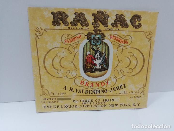 Etiquetas antiguas: ETIQUETA DE VINO. RA&Ntilde;AC. BRANDY. A. R. VALDESPINO-JEREZ.