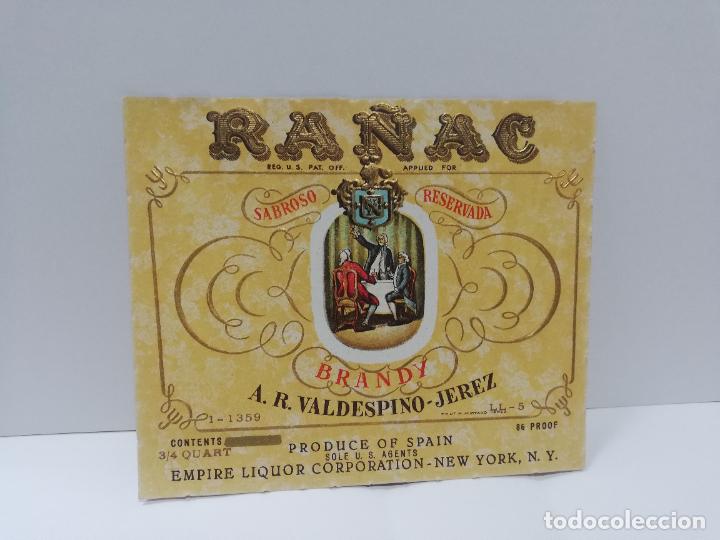 Etiquetas antiguas: ETIQUETA DE VINO. RA&Ntilde;AC. BRANDY. A. R. VALDESPINO-JEREZ.