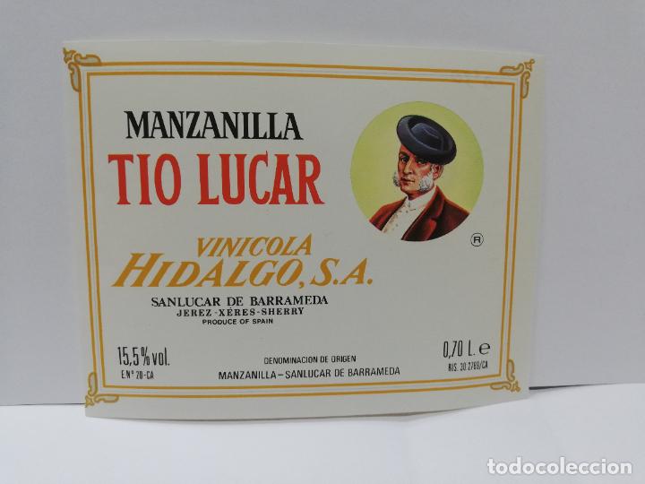 Etiquetas antiguas: ETIQUETA DE VINO. MANZANILLA TIO LUCAR. VINICOLA HIDALGO, S.A. SANLUCAR DE BARRAMEDA.