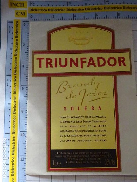 Etiquetas antiguas: ETIQUETA DE BEBIDAS. VINO LICORES. BRANDY DE JEREZ TRIUNFADOR SOLERA. 971