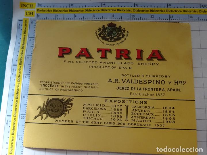 Old Labels: ETIQUETA DE BEBIDAS. VINO LICORES. JEREZ DE LA FRONTERA AMONTILLADO SHERRY PATRIA. 974