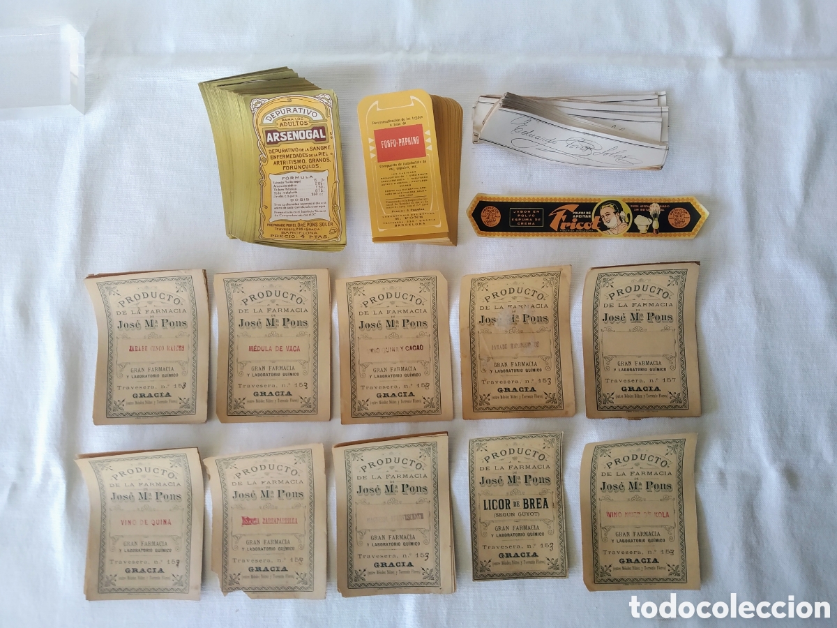 Etiquetas antiguas: LOTE DE 228 ANTIGUAS ETIQUETAS DE MEDICAMENTOS Y FARMACIA