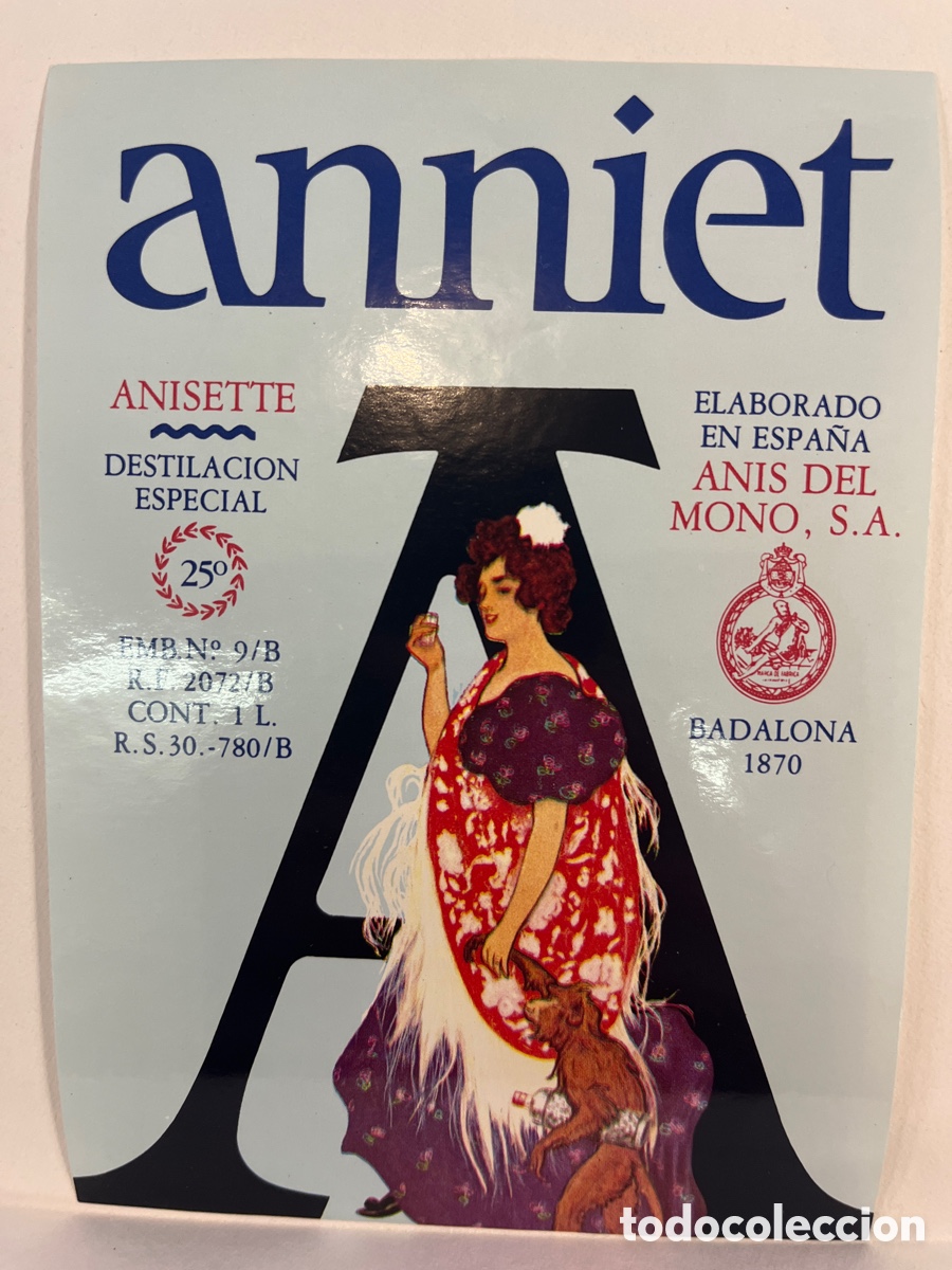 Etiquetas antiguas: ETIQUETA CON PUBLICIDAD DE ANNIET. ANISETTE. ANIS DEL MONO. BADALONA 1870.