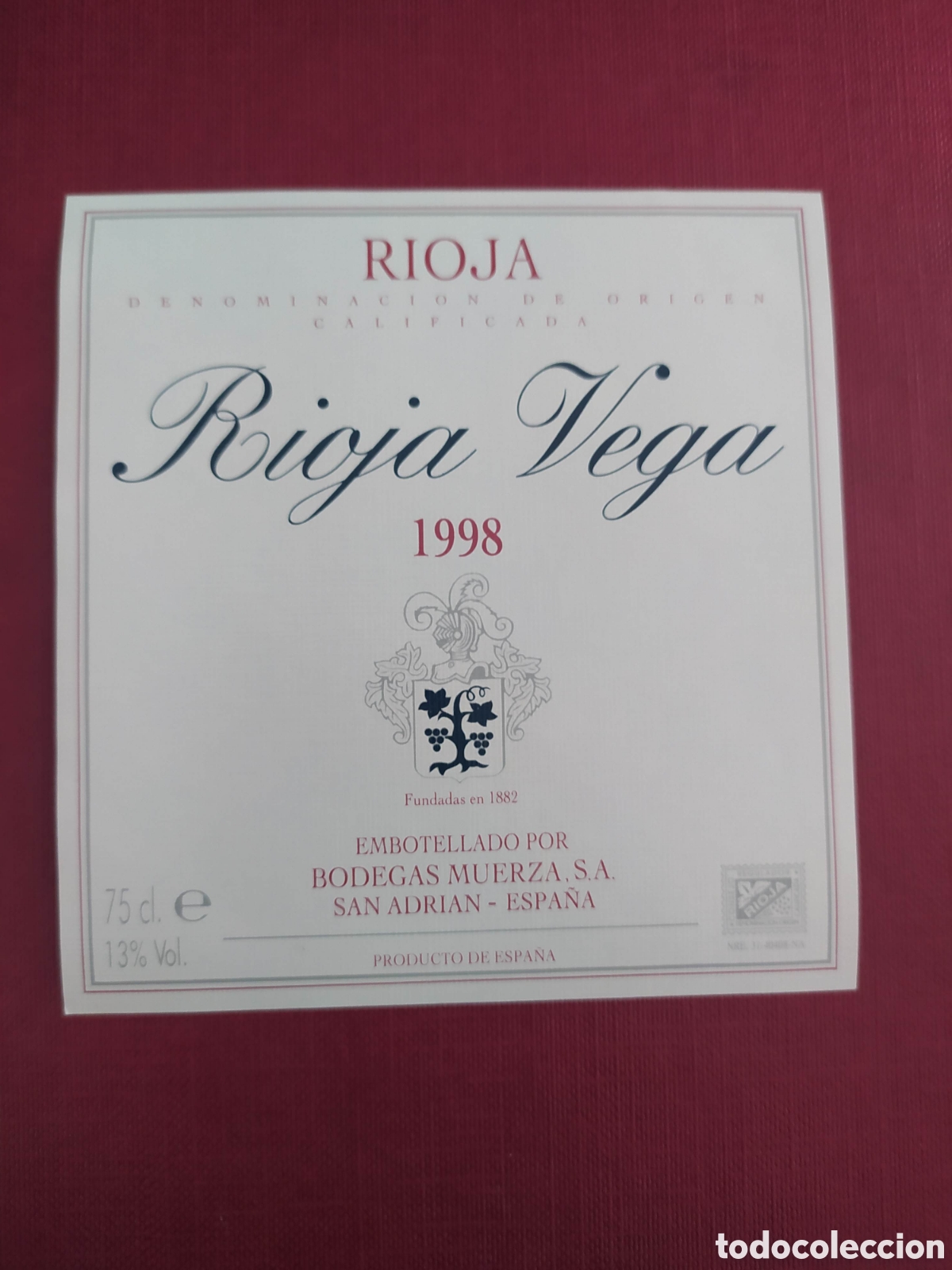 Etiquetas antiguas: Etiqueta vino Rioja Vega 1998