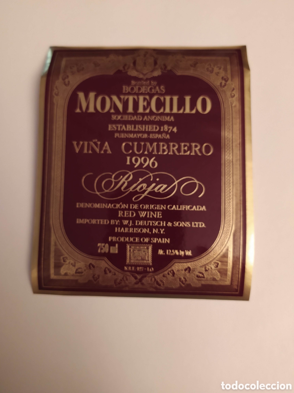 Etiquetas antiguas: Etiqueta vino Vi&ntilde;a Cumbrero 1996