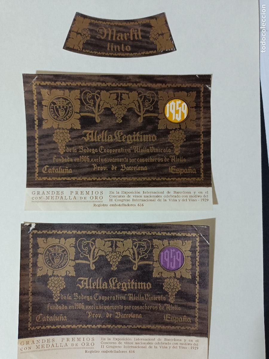 Etiquetas antiguas: ETIQUETAS VINO &rdquo;ALELLA LEGITIMO&rdquo;. A&Ntilde;O 1959. LOTE DE DOS