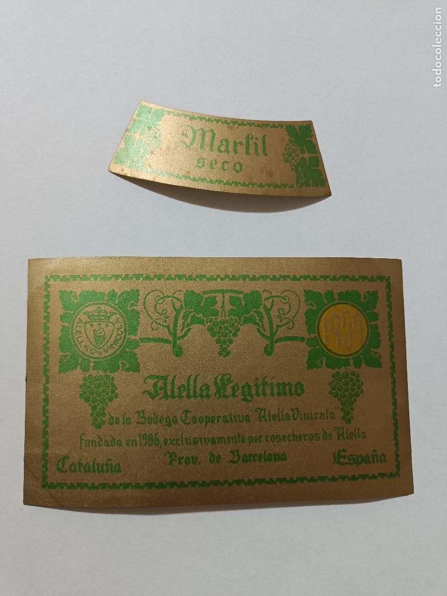 Etiquetas antiguas: ETIQUETA VINO &rdquo;ALELLA LEGITIMO&rdquo;. A&Ntilde;O 1959. VERDE