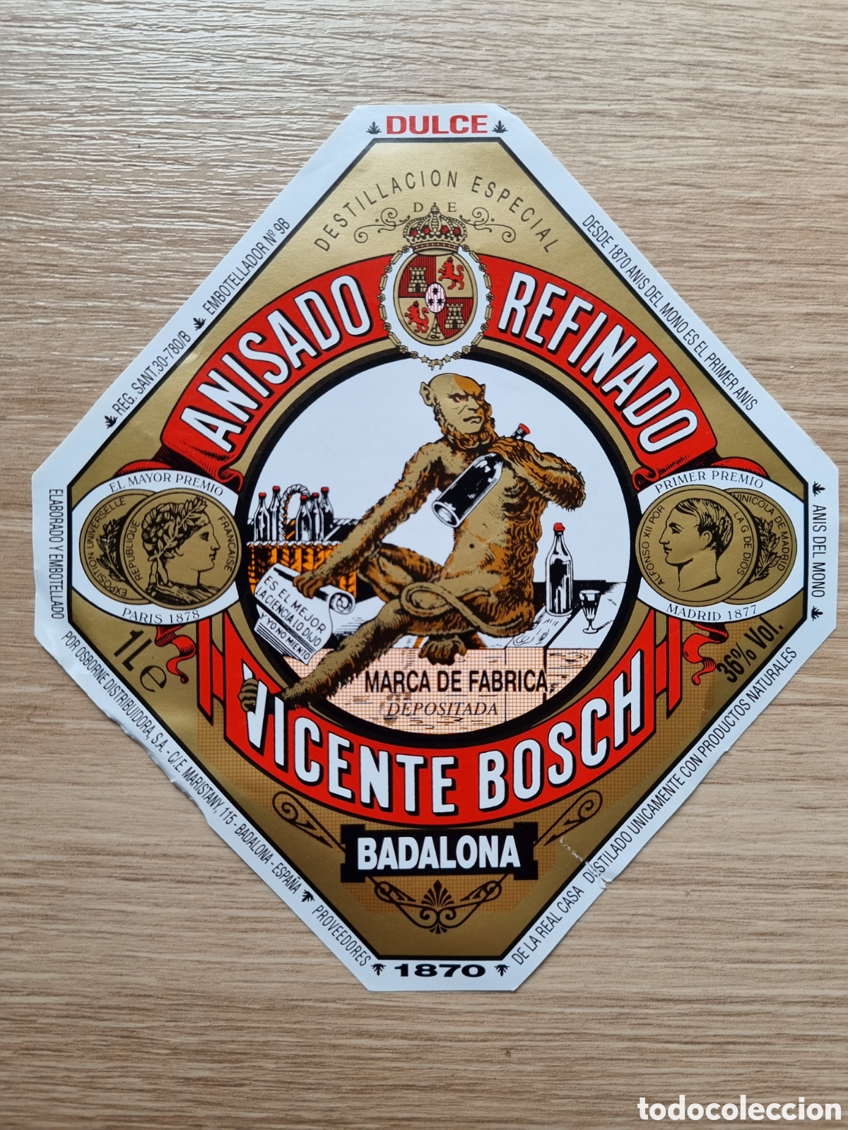 Etiquetas antiguas: Etiqueta licor antigua. An&iacute;s del Mono. Nueva. Anisado Refinado.