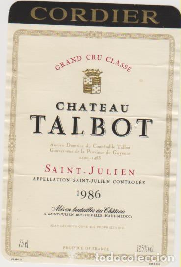 Etiquetas antiguas: etiqueta vino 1986 FRANCIA FRANCE CHATEAU TALBOT VIN WEIN VINHO WINE