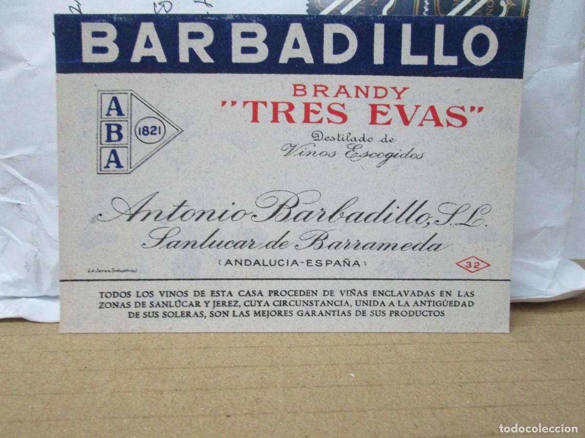 Etiquetas antiguas: ANTIGUA ETIQUETA, BARBADILLO BRANDY TRES EVAS