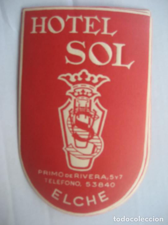 Etiquetas antiguas: Hotel Sol, Elche. 11 x 7 cms.