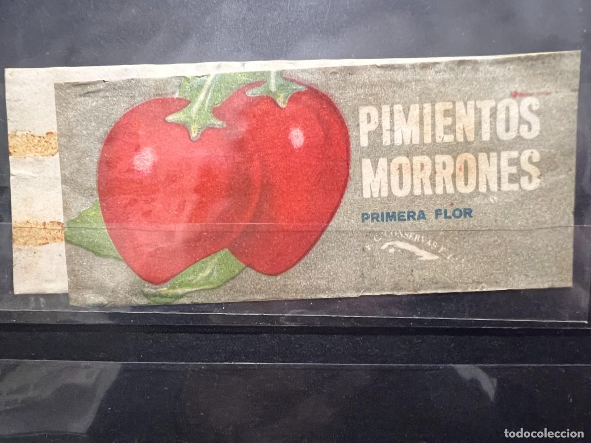 Old Labels: ETIQUETA. PIMIENTOS MORRONES. PRIMERA FLOR. CUBA. MEDIDAS APROX.: 12.5 X 5 CM