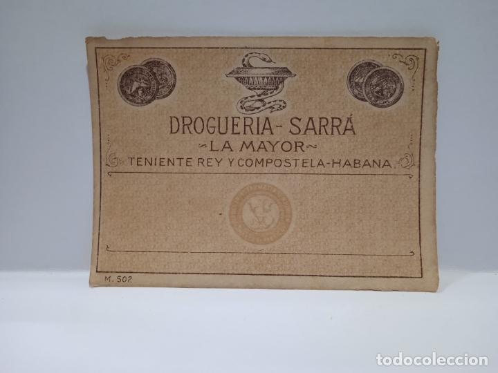 Alte Etiketten: ETIQUETA. DROGUERIA SARRA. LA MAYOR. MEDIDAS : 9 X 7 CM APROX.