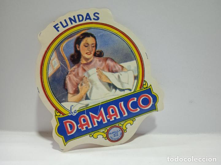 Etichette antiche: ETIQUETA. FUNDAS DAMASCO. MEDIDAS : 8.5 X 6.5 CM APROX.