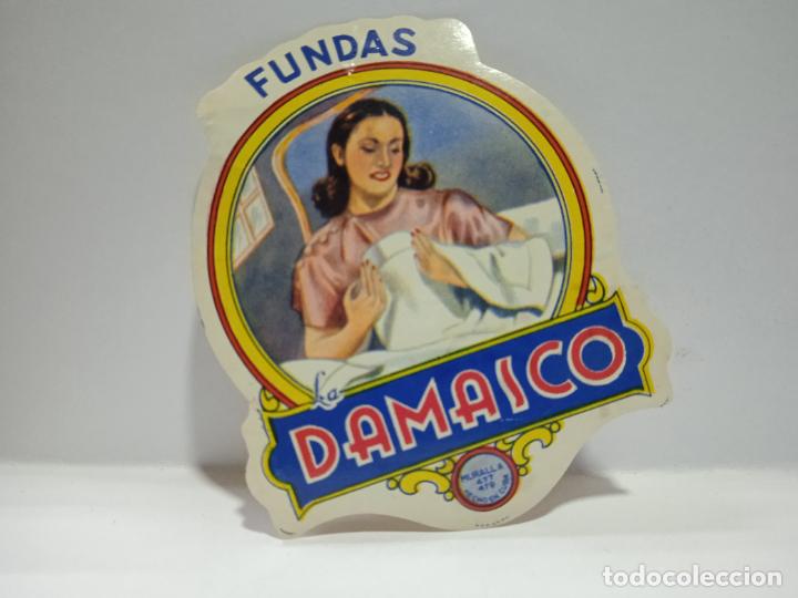 Etichette antiche: ETIQUETA. FUNDAS DAMASCO. MEDIDAS : 8.5 X 6.5 CM APROX.