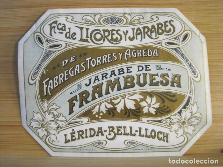Alte Etiketten: LLEIDA-BELL LLOCH-JARABE DE FRAMBUESA-FABREGAS TORRES Y AGREDA-ETIQUETA ANTIGUA-VER FOTOS-(102.859)