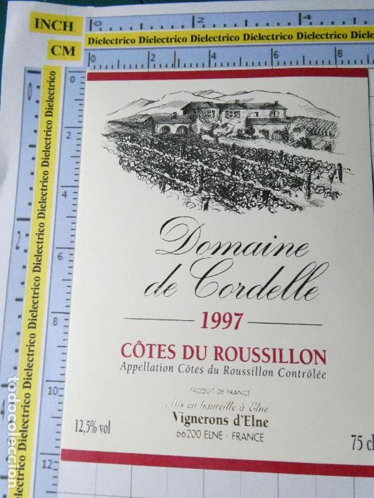 Etiquetas antiguas: ETIQUETA DE BEBIDAS. VINO LICORES. DOMAINE DE CORDELLE 1997 C&Ocirc;TES DU ROUSSILLON FRANCIA. 2171