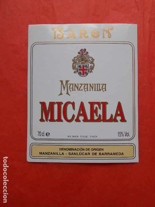 Etiquetas antiguas: ETIQUETA DE VINO MANZANILLA MICAELA BARON
