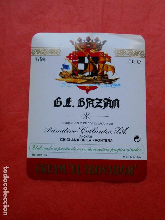 Etiquetas antiguas: Etiqueta de vino G.E. Bazan Primitivo Collantes