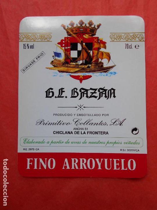 Etiquetas antiguas: Etiqueta de vino G.E. Bazan Primitivo Collantes
