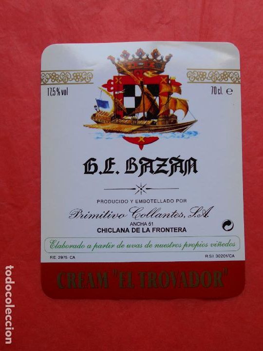 Etiquetas antiguas: Etiqueta de vino G.E. Bazan Primitivo Collantes