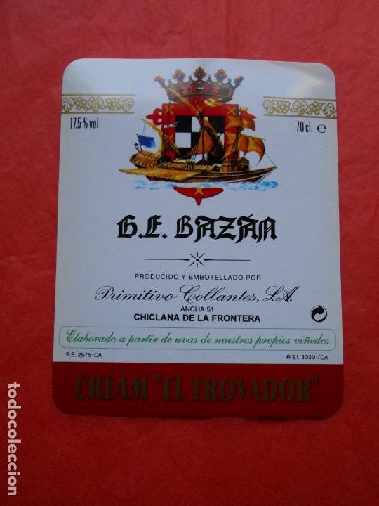 Etiquetas antiguas: Etiqueta de vino G.E. Bazan Primitivo Collantes
