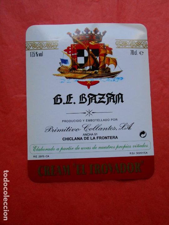 Etiquetas antiguas: Etiqueta de vino G.E. Bazan Primitivo Collantes