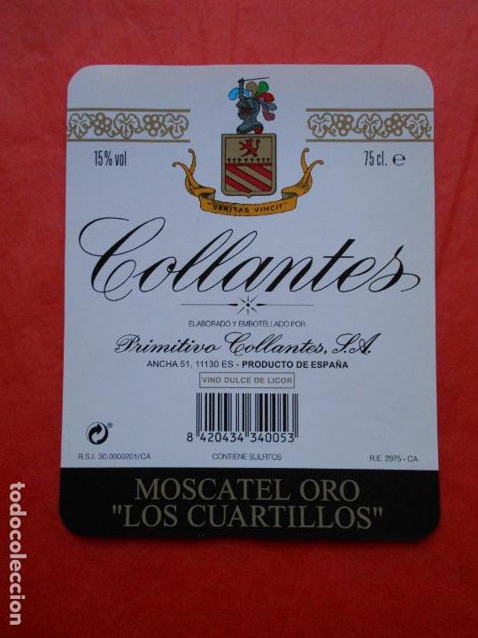 Etiquetas antiguas: Etiqueta de vino moscatel oro Primitivo Collantes