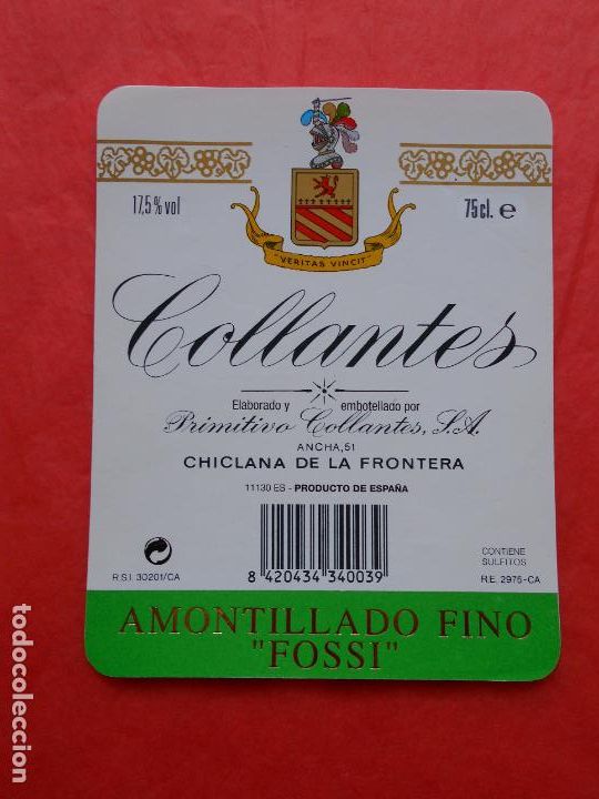 Etiquetas antiguas: Etiqueta de vino amontillado Primitivo Collantes