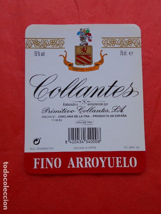 Etiquetas antiguas: Etiqueta de vino fino Arroyuelo Primitivo Collantes