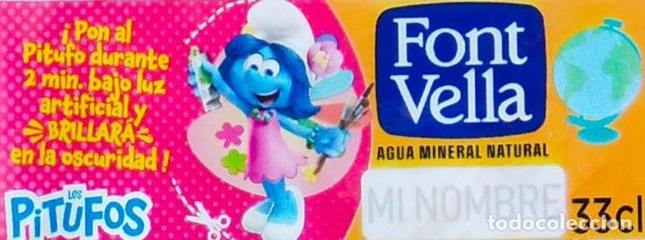 Etiquetas antiguas: ETIQUETA AGUA FONT VELLA - LOS PITUFOS/THE SMURFS - PITUFA RETO&Ntilde;O